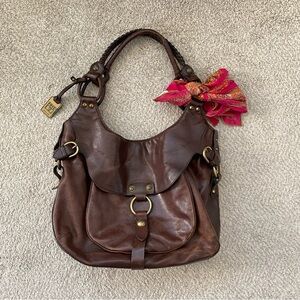 Frye Brown Leather Shoulder Bag with Pink Scarf Accent